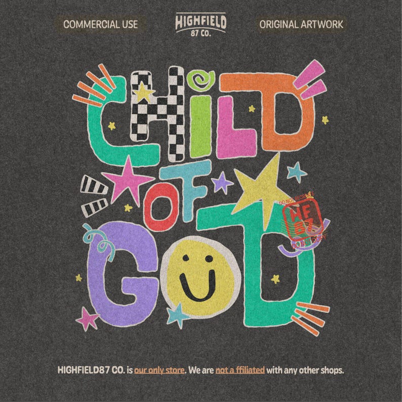 Christian kids PNG showing bright Child Of God lettering with fun school doodles, stars, and cheerful faith based artwork.