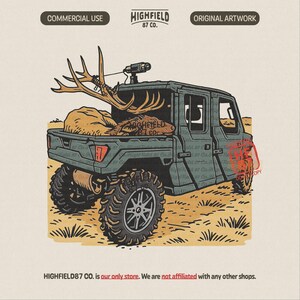 Digital PNG illustration of a lifted UTV side-by-side vehicle parked in the field with a harvested elk in the truck bed. The elk’s antlers extend high above the tailgate. This UTV hunting PNG is perfect for shirt printing and deer season designs.