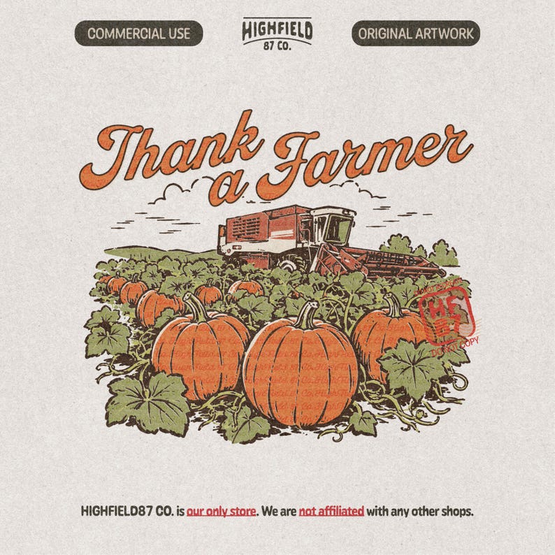 Thank a Farmer PNG featuring large orange pumpkins in a pumpkin patch with a combine harvester in the background and bold “Thank a Farmer” lettering in a vintage fall farm design.