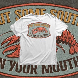 crawfish boil shirt design with small front chest graphic and large back artwork PNG