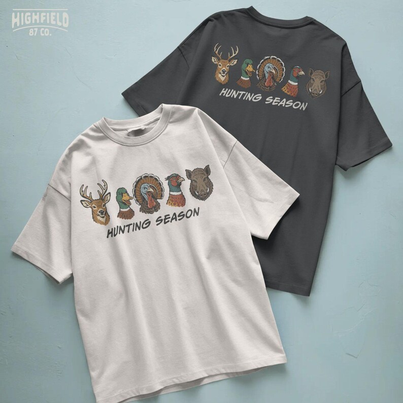 Wild game PNG featuring deer, duck, turkey, pheasant, and wild boar animal heads for hunter shirts and outdoorsman graphics.