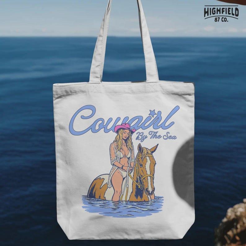 coastal cowgirl png with horse in sea, western beach lifestyle illustration