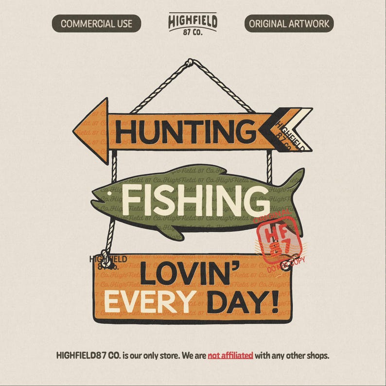 Hunting fishing PNG illustration showing hanging wooden sign with arrow hunting sign, fish shape fishing sign, and lovin every day text