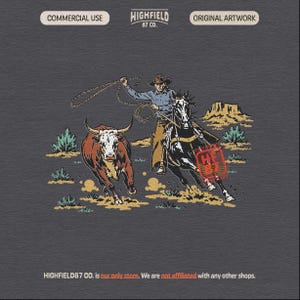 Rodeo cowboy PNG showing a horseback rider roping a steer with sagebrush, dust, and western desert details for shirt designs.