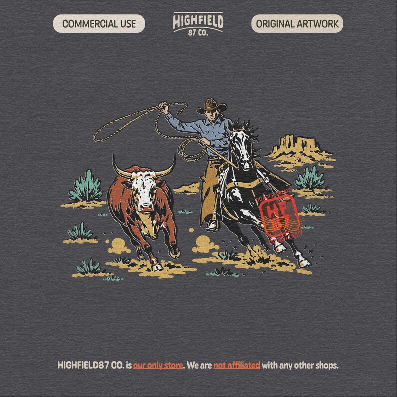 Rodeo cowboy PNG showing a horseback rider roping a steer with sagebrush, dust, and western desert details for shirt designs.