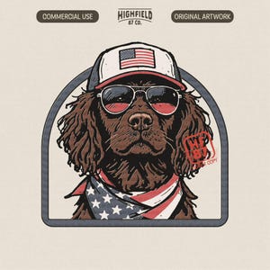 May include: Illustration of a brown dog wearing sunglasses, a baseball cap with an American flag, and a bandana with a stars and stripes design. The image is framed within a gray arch and includes the text "HIGHFIELD 87 CO."