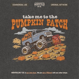 Monster truck PNG showing a lifted blue truck driving through pumpkins with orange fall lettering and autumn harvest details.
