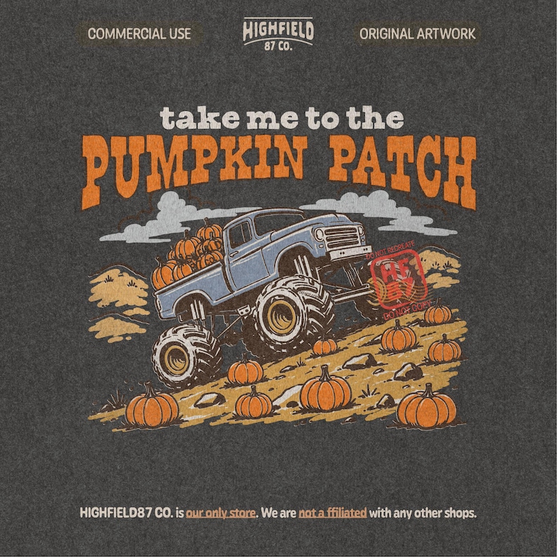 Monster truck PNG showing a lifted blue truck driving through pumpkins with orange fall lettering and autumn harvest details.