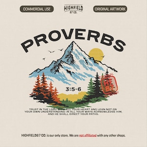 Puede incluir: Diseño gráfico con una escena de montaña y la palabra "PROVERBS" en la parte superior. El diseño incluye una montaña, árboles, un sol y el texto "3:5-6". También se incluye el texto "TRUST IN THE LORD". El diseño está etiquetado como "COMMERCIAL USE" y "ORIGINAL ARTWORK".