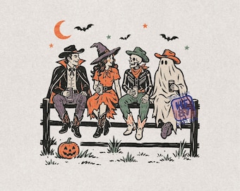 Western Halloween PNG, Spooky Cowboy Friends Shirt Design, Witch Skeleton Ghost Vampire Digital Download for Halloween Party