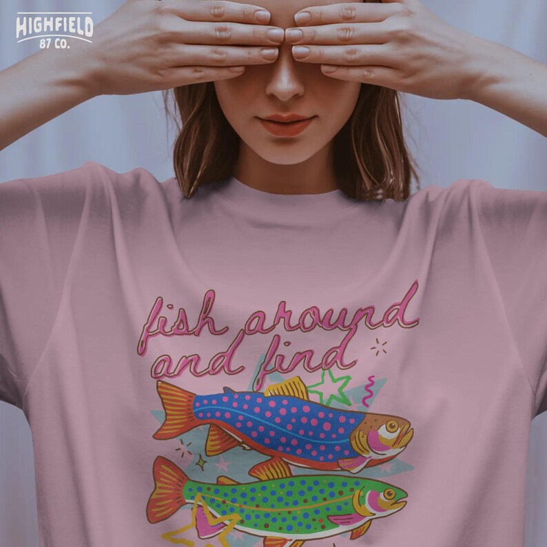 colorful trout design with fun text and bright patterns, preppy summer fishing graphic