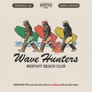 Bigfoot carrying surfboard walking on beach illustration with Wave Hunters text, funny sasquatch summer PNG design for shirt