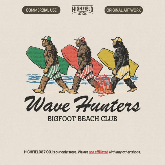 Bigfoot Surfing PNG, Wave Hunters Beach Club Sasquatch Summer Design for Shirt, Funny Vacation Coastal Graphic Digital Download