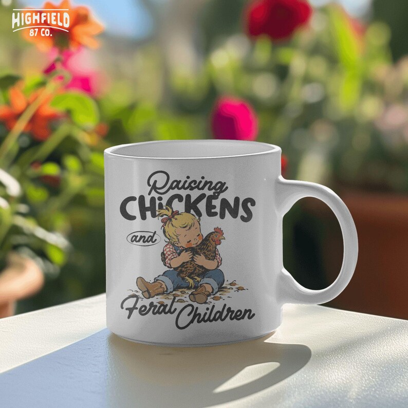 Farm shirt PNG showing a child hugging a chicken with bold black lettering for chicken moms and country families.