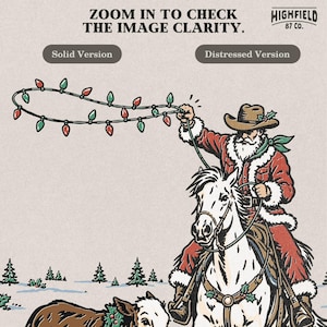 Santa on horse Christmas artwork showing Santa dressed as a cowboy holding colorful Christmas lights like a lasso while riding through a winter farm scene.
