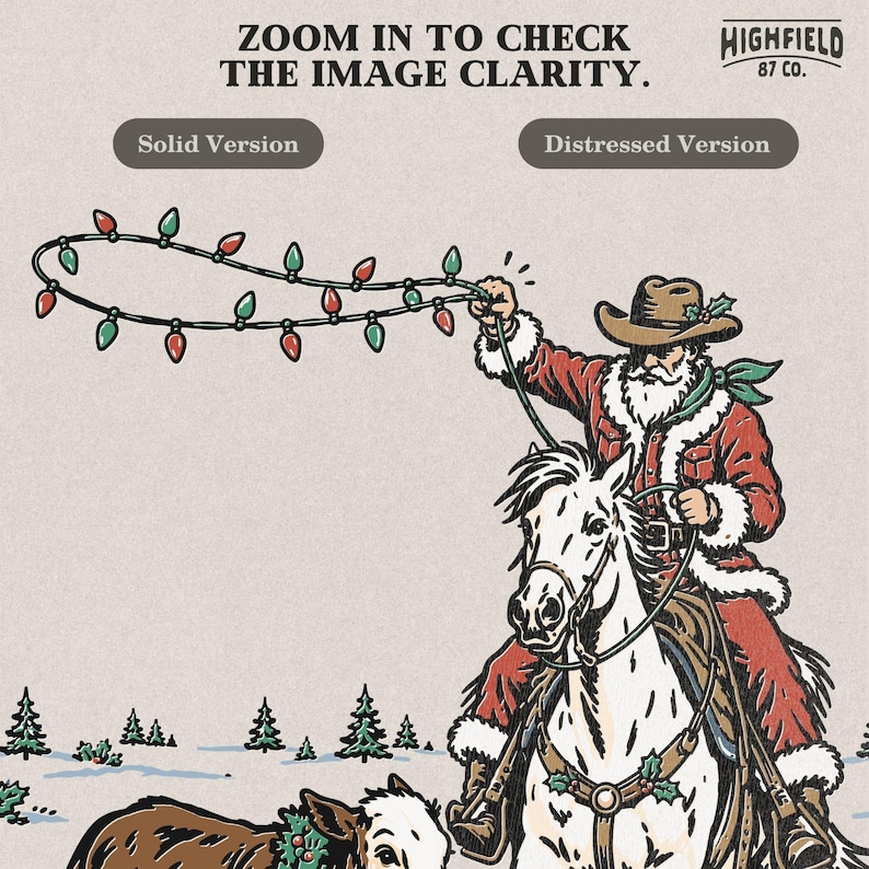 Santa on horse Christmas artwork showing Santa dressed as a cowboy holding colorful Christmas lights like a lasso while riding through a winter farm scene.