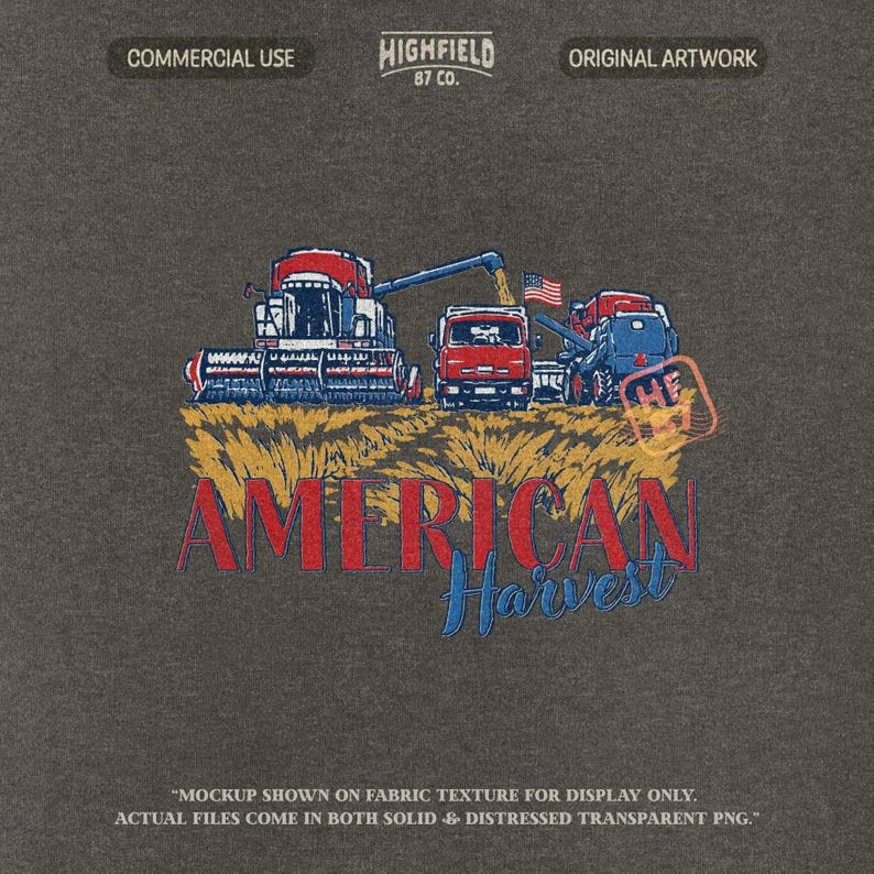 Farm Harvest PNG showing red farm equipment in a grain field with American Harvest text and patriotic colors for farmer shirt designs.