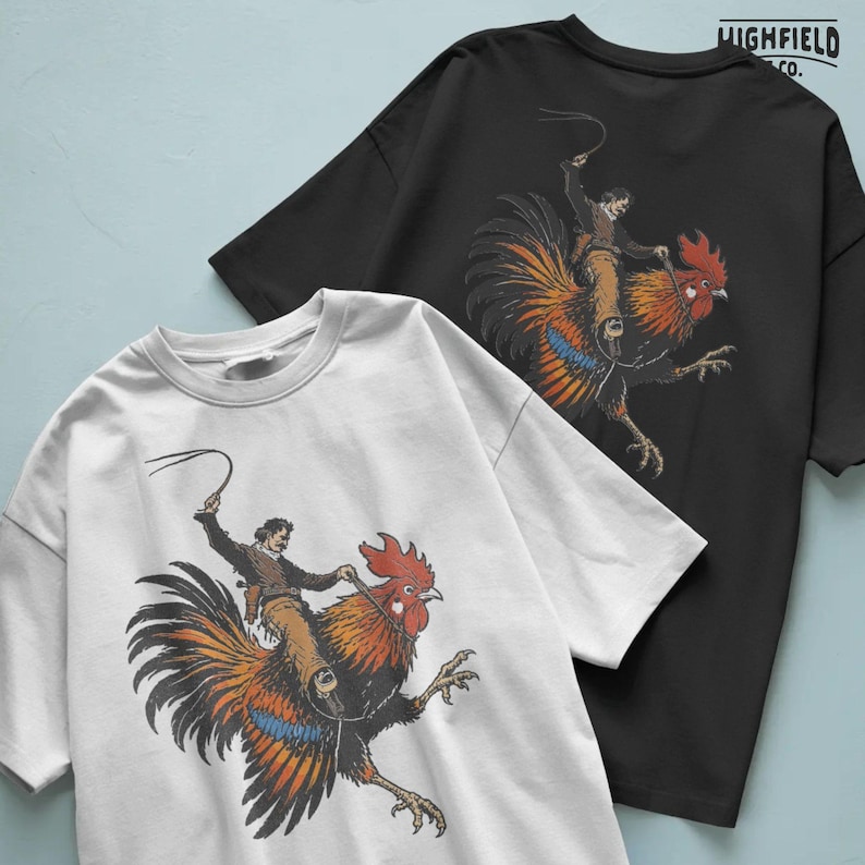 Western humor PNG artwork featuring a cowboy on a large rooster, combining rodeo action and farm animal humor for novelty shirt designs.