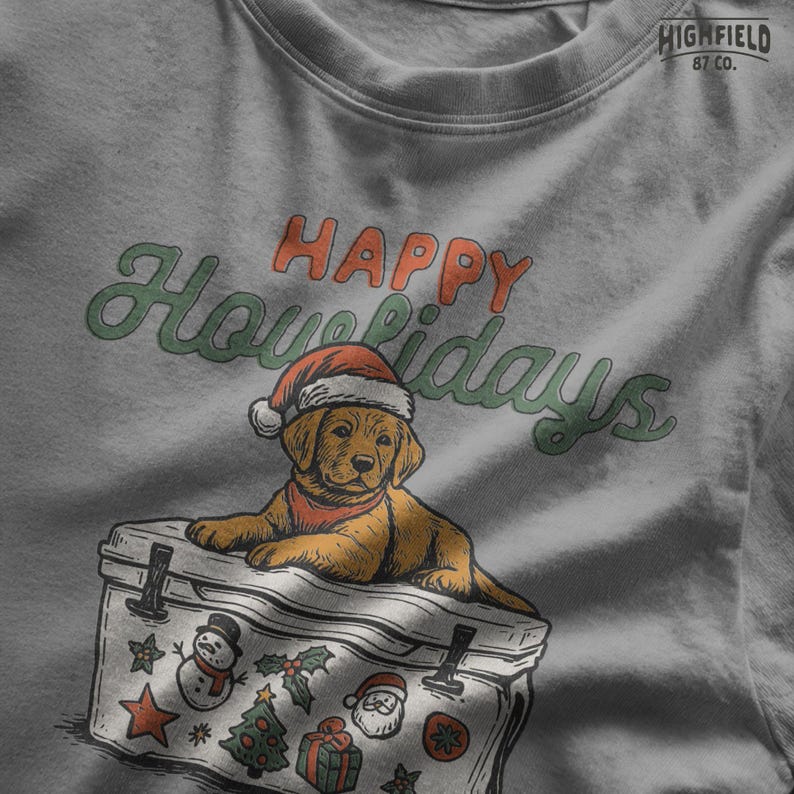 Cute Christmas dog PNG with Labrador wearing Santa hat. Background includes cooler with festive elements like snowman and Santa sticker. Great for funny dog holiday shirts.
