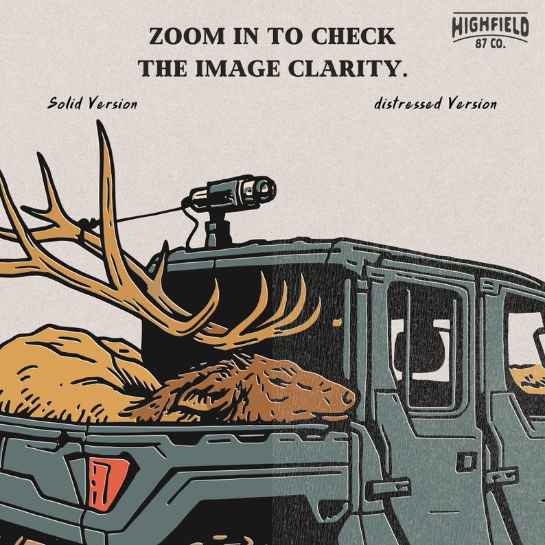 Illustration showing a lifted 4x4 UTV hauling a dead elk in the back, with oversized antlers visible. This elk rack clipart is ideal for hunting season shirt designs or sticker projects for outdoorsmen and big game hunters.