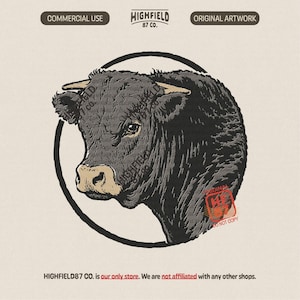 Puede incluir: Una ilustración gráfica de una cabeza de toro gris oscuro mirando hacia la izquierda, encerrada en un contorno circular negro. El toro tiene un hocico y cuernos de color tostado claro. El texto superior dice HIGHFIELD 87 CO. con etiquetas.