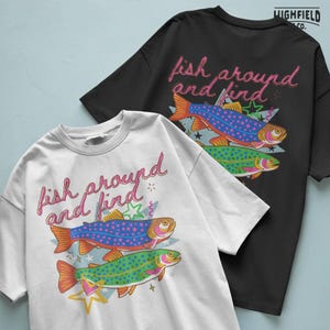 vibrant trout fishing design with colorful fish and playful lettering, preppy style illustration