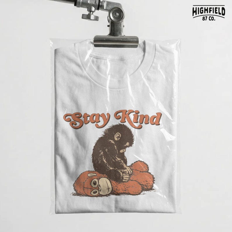 Meme inspired monkey graphic with emotional plush doll, printable PNG digital art