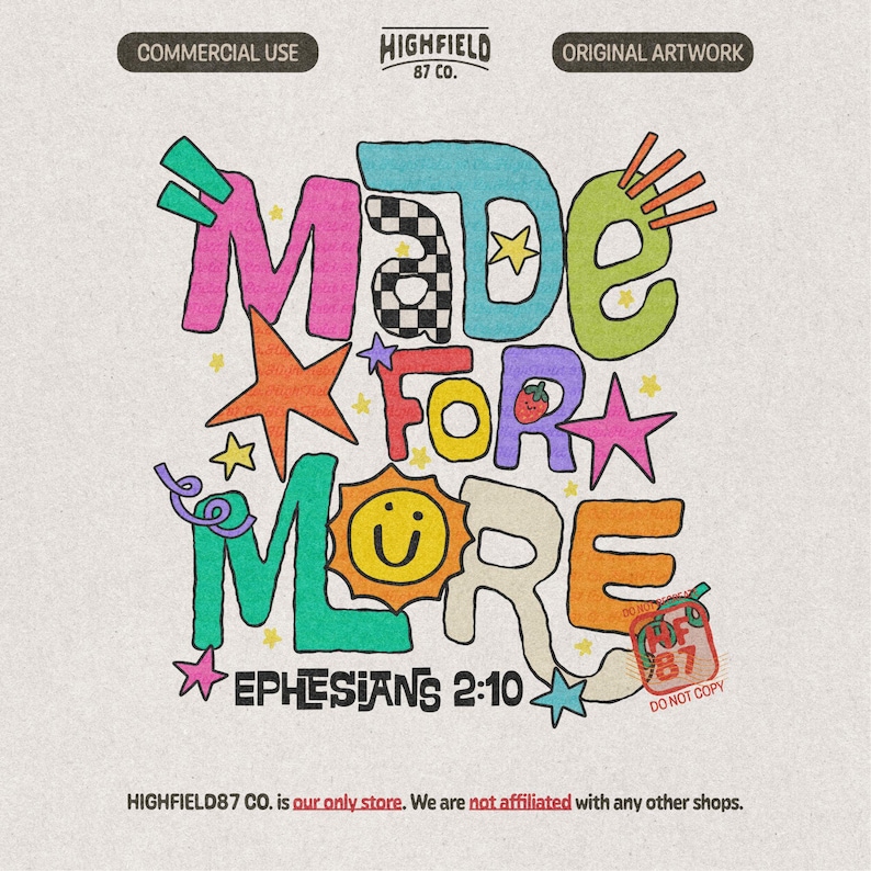 Made For More PNG featuring colorful doodle lettering with stars, smiley face, strawberry, swirls, and Ephesians 2:10 Bible verse.