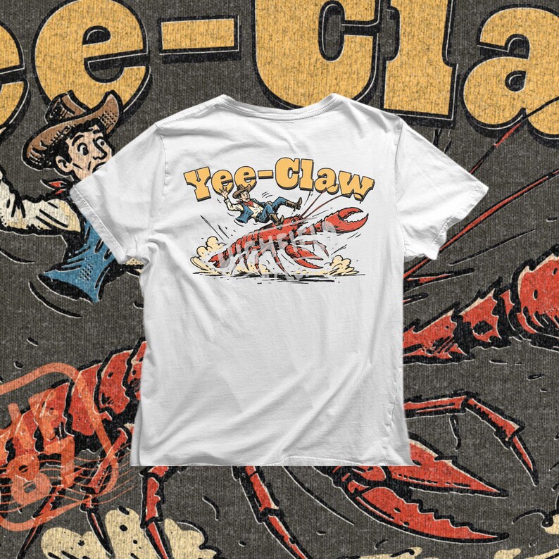 Yee Claw crawfish illustration showing a cowboy riding a giant crawdad in a humorous rodeo style scene. The crawfish runs across the ground while dust flies around the claws, creating a fun Cajun themed design inspired by Louisiana crawfish boil culture.