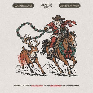 Cowboy Santa PNG: Western Christmas Horseback-Rider, Reindeer-Rodeo, Vintage Holiday Sublimation Illustration, Festlig Digital Nedladdning
