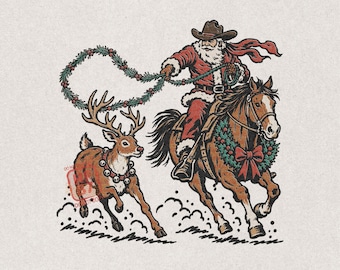 Pode incluir: Ilustração digital do Papai Noel com chapéu de cowboy montando um cavalo marrom, segurando um laço de guirlanda. Uma rena com coleira de sinos corre ao lado. Texto: HIGHFIELD 87 CO., COMMERCIAL USE e ORIGINAL ARTWORK.