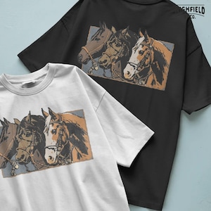 Western horse PNG illustration featuring multiple ranch horses in a bold vintage style, rustic western design for apparel