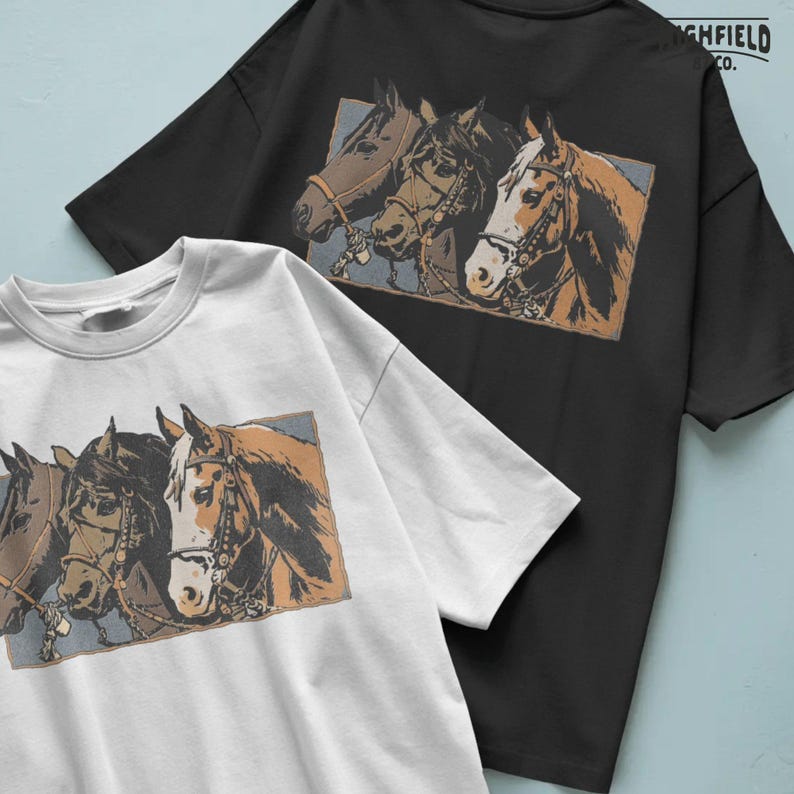Western horse PNG illustration featuring multiple ranch horses in a bold vintage style, rustic western design for apparel