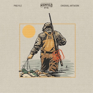 May include: Illustration of a person in waders carrying ducks and a rifle, with a sun in the background. The image has the text "PNG FILE" and "ORIGINAL ARTWORK" and the logo "HIGHFIELD 87 CO."