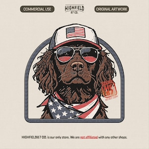 Boykin spaniel PNG illustration featuring a brown hunting dog wearing sunglasses and an American flag hat. The dog also wears a patriotic bandana with red white and blue stars and stripes while sitting inside a rounded frame. This patriotic dog design combines dog lover themes with American pride making it perfect for Fourth of July shirts and patriotic apparel graphics.