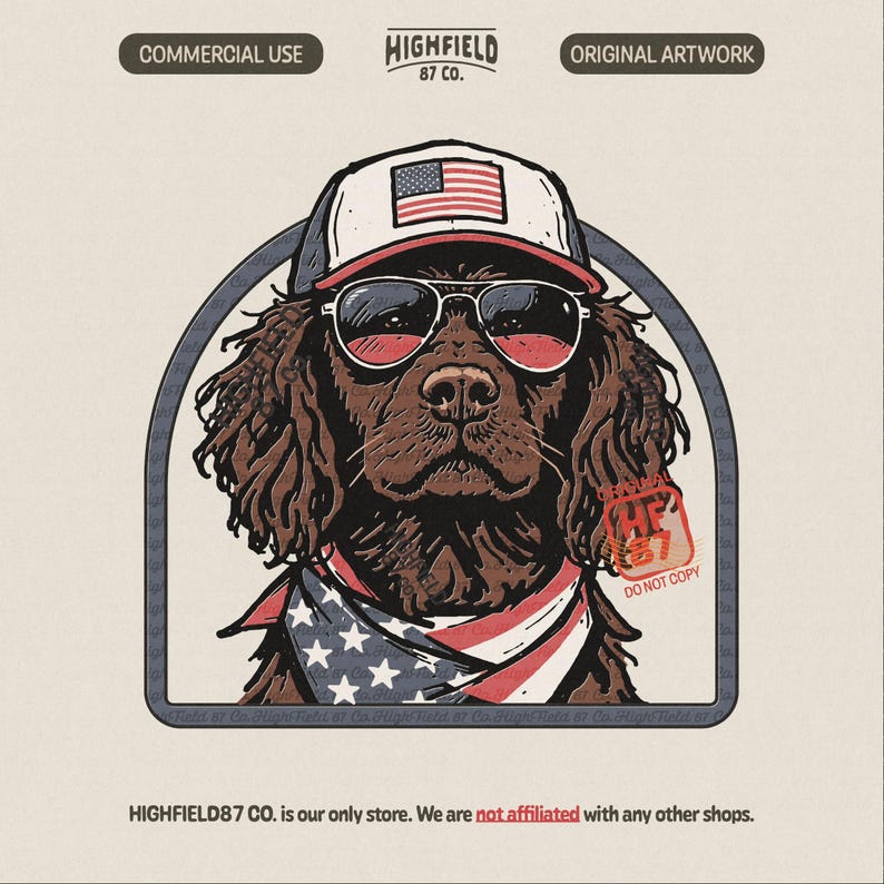 Boykin spaniel PNG illustration featuring a brown hunting dog wearing sunglasses and an American flag hat. The dog also wears a patriotic bandana with red white and blue stars and stripes while sitting inside a rounded frame. This patriotic dog design combines dog lover themes with American pride making it perfect for Fourth of July shirts and patriotic apparel graphics.