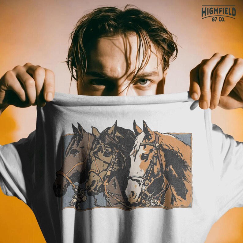 Western horse PNG illustration with a trio of bridled horses, rustic ranch artwork for western designs