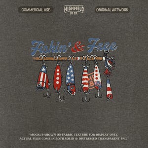 fishing lure set with american flag pattern in red white and blue hanging from a wooden rod with bold fishin and free lettering, detailed lure hooks and vintage fishing style illustration, ideal fishing png design for angler shirts, patriotic summer apparel, 4th of july fishing theme, outdoor lifestyle graphic for t shirt printing and sublimation projects