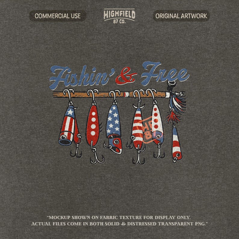 fishing lure set with american flag pattern in red white and blue hanging from a wooden rod with bold fishin and free lettering, detailed lure hooks and vintage fishing style illustration, ideal fishing png design for angler shirts, patriotic summer apparel, 4th of july fishing theme, outdoor lifestyle graphic for t shirt printing and sublimation projects