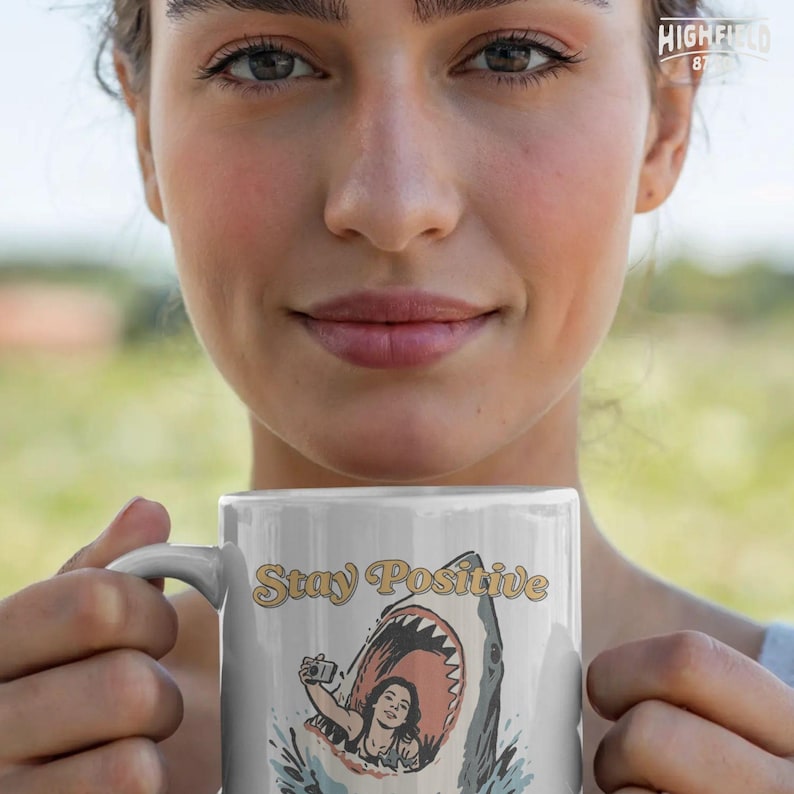 funny shark design with woman inside mouth taking selfie and stay positive text, beach humor illustration for summer png shirts and vacation apparel