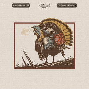 May include: Illustration of a strutting turkey in shades of brown, blue, and gold, with a detailed feather fan. The artwork is framed in a brown border, with the text "HIGHFIELD 87 CO." and "ORIGINAL ARTWORK".