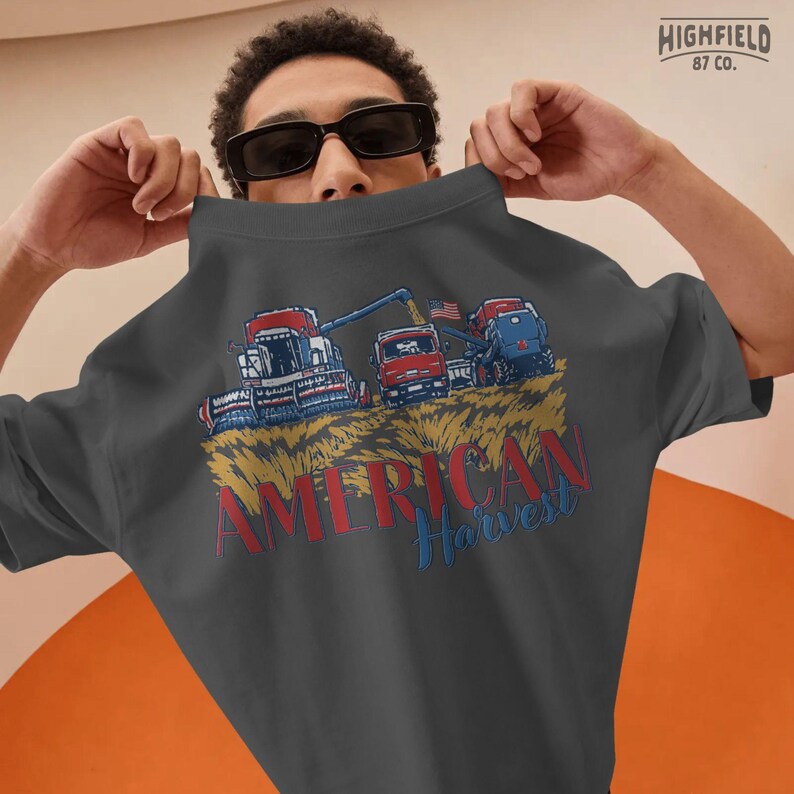 Farmer Gift PNG featuring combine, tractor, grain truck, and wheat field artwork with patriotic USA farm theme for shirt designs.