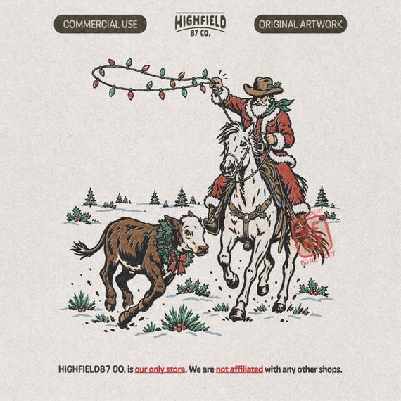 Cowboy Santa PNG: Western Christmas Horseback, Festive-Calf Christmas-Lights Lasso, Vintage Holiday Sublimation Digital Download