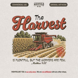 The Harvest PNG featuring a red combine harvester in a corn field with Christian Bible verse text for fall harvest season.