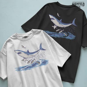 sea life png featuring shark and fish in an ocean scene with waves and movement, summer coastal design