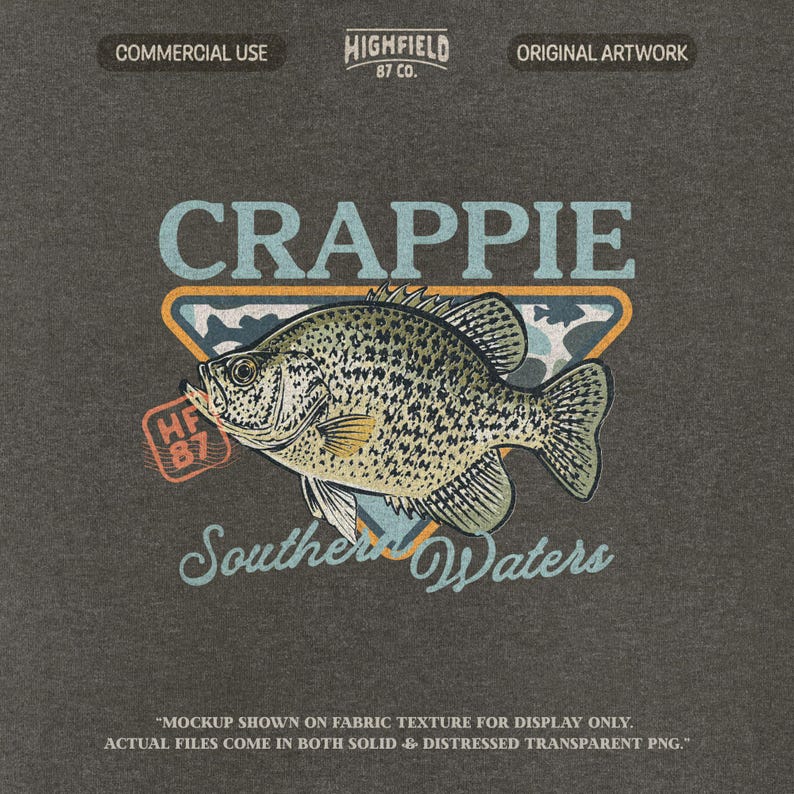 Southern Waters PNG showing a crappie fish illustration with bold typography, outdoor fishing colors, and a badge layout for fisherman shirt graphics.