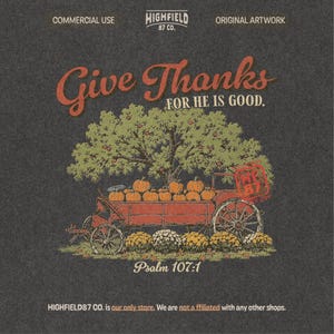 Christian Thanksgiving PNG showing a red wagon full of pumpkins with Give Thanks lettering and Bible verse inspired autumn artwork.