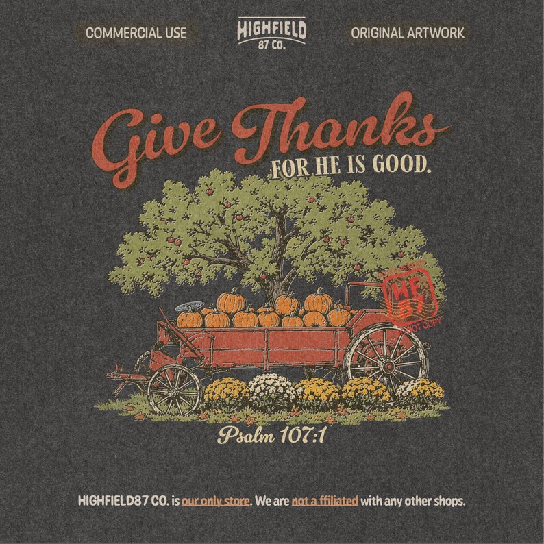 Christian Thanksgiving PNG showing a red wagon full of pumpkins with Give Thanks lettering and Bible verse inspired autumn artwork.