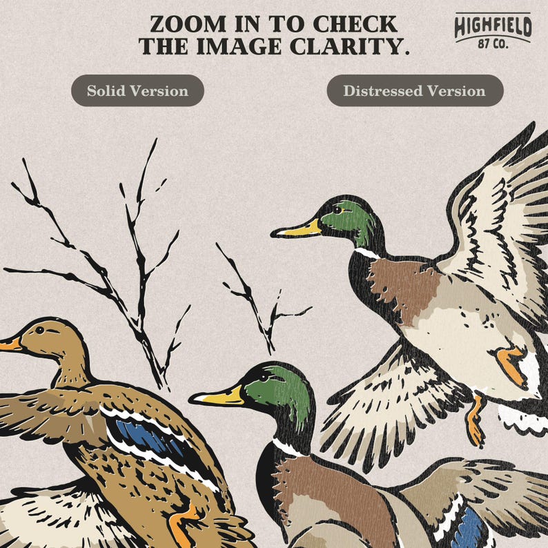 Waterfowl PNG illustration of three mallard ducks flying past tree branches in a vintage hand drawn hunting style.