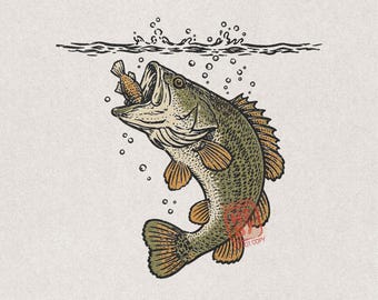 Bass Fishing PNG: Largemouth-Bass Lure-Strike, Vintage Freshwater Fisherman Sublimation Illustration Artwork Digital Download